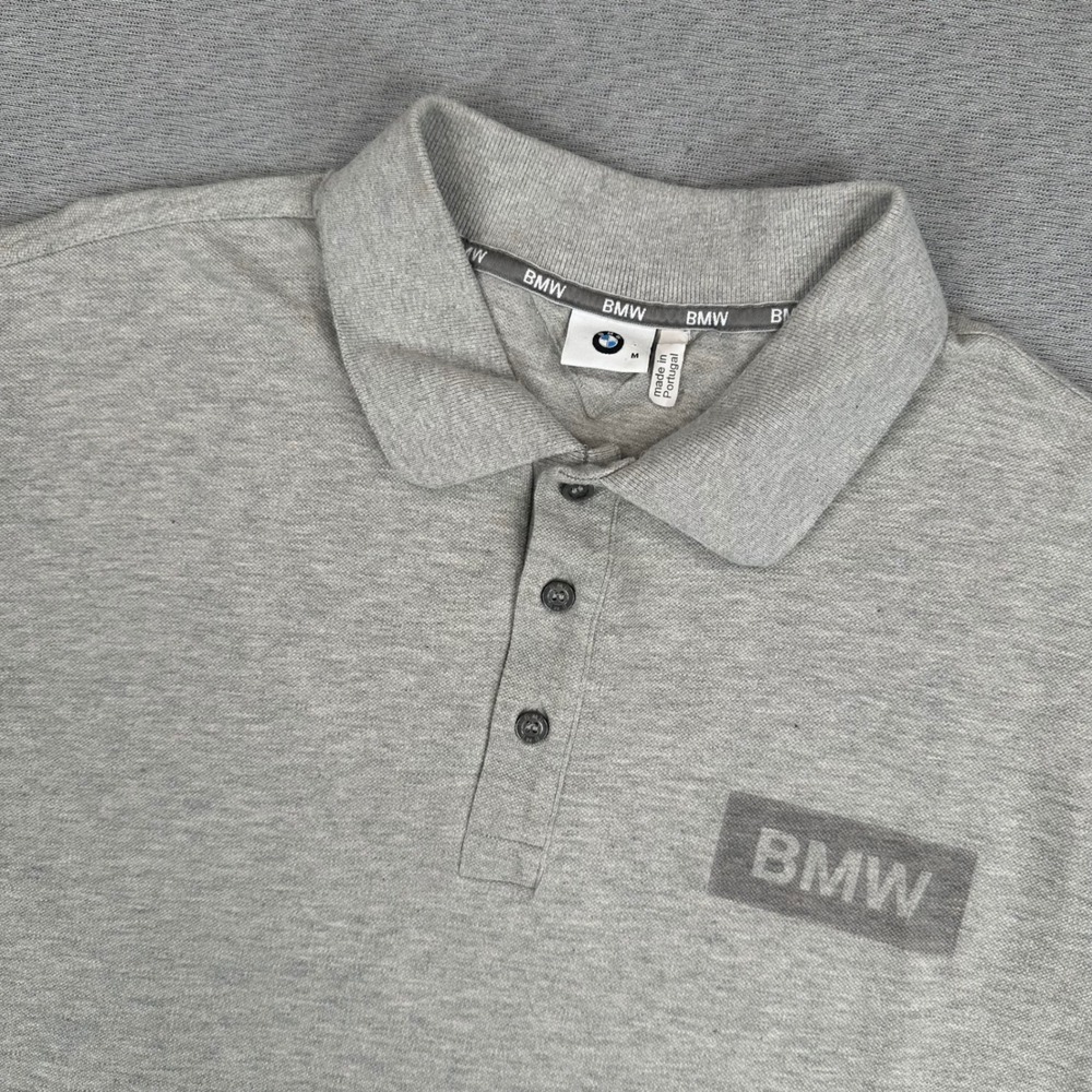 BMW Polo Shirt Mens Medium Gray Solid Cotton Blend Pique Short Sleeve Portugal